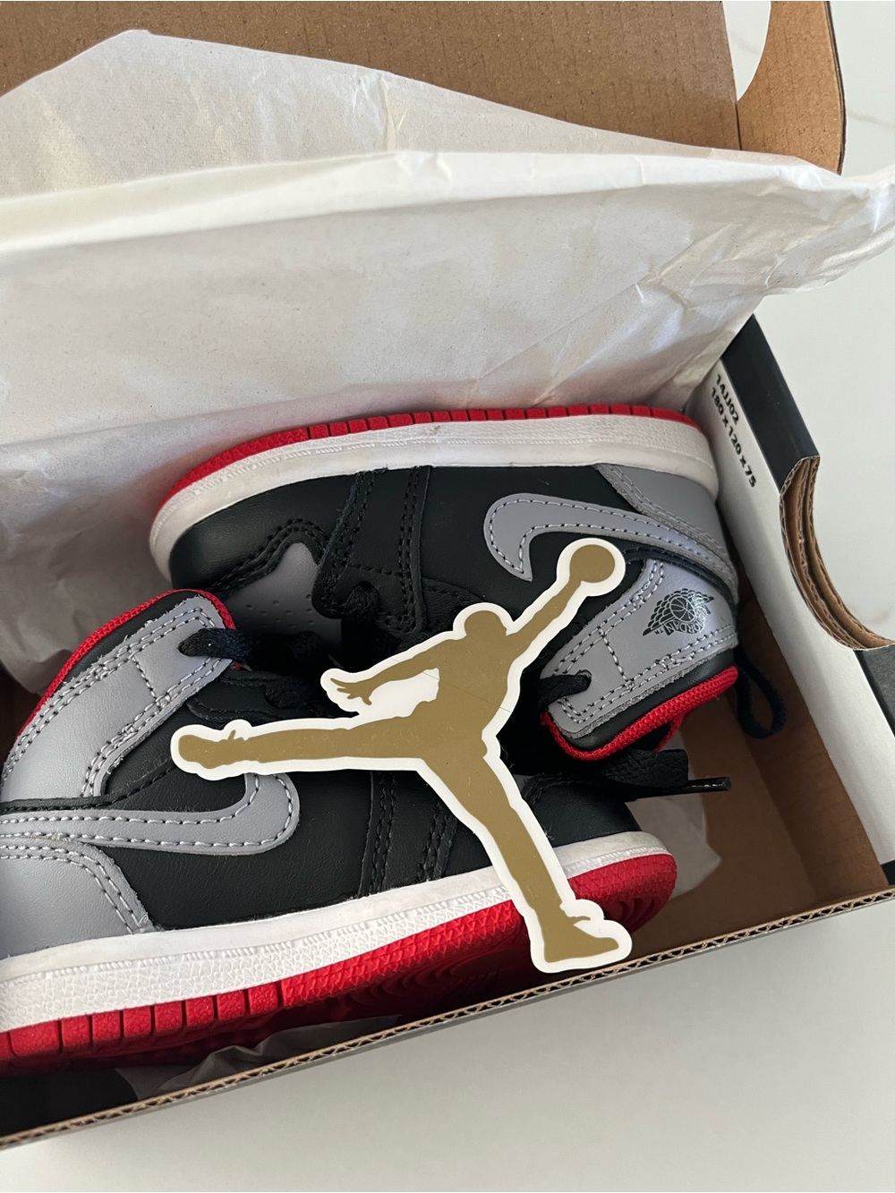 Jordan Kids' Black/Gray/Red Retro High-Top Sneakers with Gold Jumpman Sticker